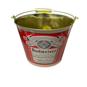 Budweiser Red Metal Ice Bucket with Handle Breweriana Cooler